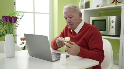 Poster - senior doing video call with doctor holding pills at home