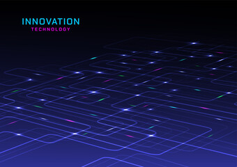 Fototapete - abstract high tech digital futuristic technology Internet communication and protection lines with neon lights above At the intersection there is a bright light spot. blue gradient background