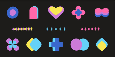 Aufkleber - Various geometric colorful abstract shapes. Heart, stars, moon and floral aesthetic elements. Vector y2k set. EPS 10