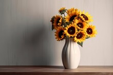 Illustration Of A Beautiful White Vase Filled With Vibrant Sunflowers Resting On A Rustic Wooden Table
