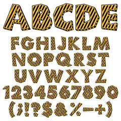 Aufkleber - Colored chopped alphabet, numbers and signs with warning markings. Isolated vector objects on white background.