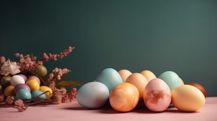 Wall Mural - Easter holiday background with copy space. Side view Easter eggs, colorful wallpaper