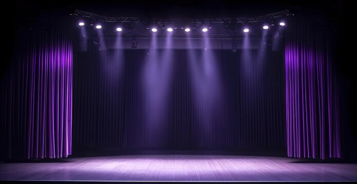 empty musical theater stage with purple curtains Show Spotlight on stage, Theatre interior empty wooden scene, luxury velvet drapes by ai generative