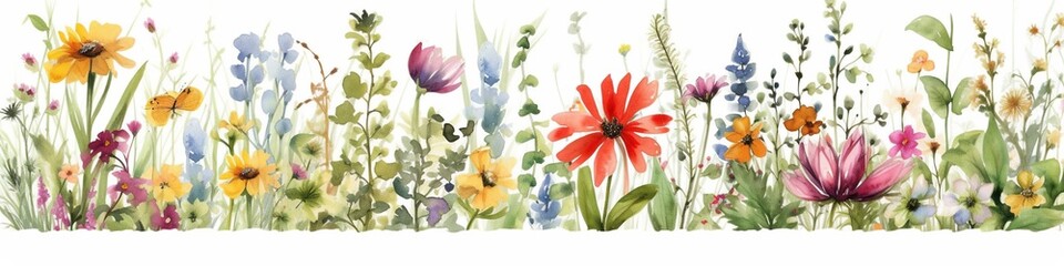 panoramic banner with watercolor flowers, meadow in summer, horizontal border of adorable wild flowe