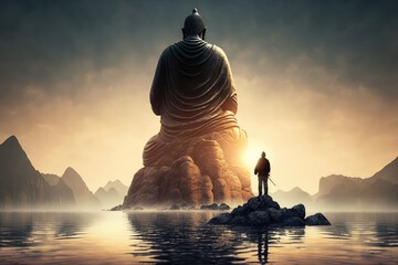 Wall Mural - Digital illustration painting design style fisherman standing on the rock and looking at to big statue of Buddha statue, against sunset. (ai generated)