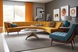 © create interior - Mid - Century Modern Living Room: Create a living room with a mid - century modern - inspired design, using clean lines, organic shapes, and bold colors. Generative AI