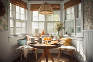 Breakfast Nook: Capture a set of images that showcase a cozy, inviting breakfast nook. Generative AI