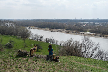 Young Caucasian woman sitting on hill with two dogs in spring and enjoying views of nature and river. German and Australian Shepherd are companion dogs. Hiking in mountains with pets. Rear view.