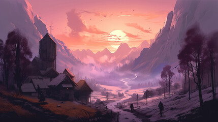 Wall Mural - Fantasy landscape scene. game design inspiration. sketch art for artist creativity and inspiration. generative AI