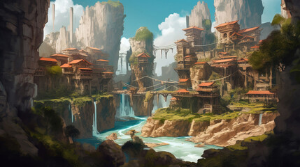Wall Mural - Fantasy landscape scene. game design inspiration. sketch art for artist creativity and inspiration. generative AI