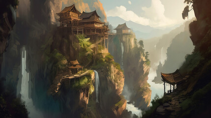 Wall Mural - Fantasy landscape scene. game design inspiration. sketch art for artist creativity and inspiration. generative AI