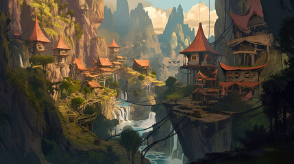 Wall Mural - Fantasy landscape scene. game design inspiration. sketch art for artist creativity and inspiration. generative AI