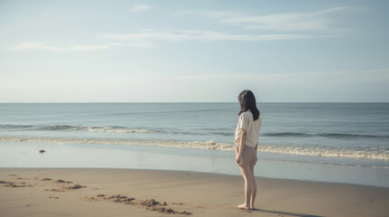 Asian woman walking alone at a beach - made with Generative AI