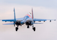 Moscow Russia Zhukovsky Airfield 25 July 2021: Aerobatic Teams Russian Knights On Planes Su-35 Of The International Aerospace Salon MAKS-2021