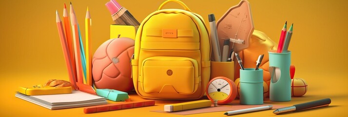 Back to school. Ready for school concept background. Design of different colorful stationery on table. Horizontal banner and poster, header for website. generative ai
