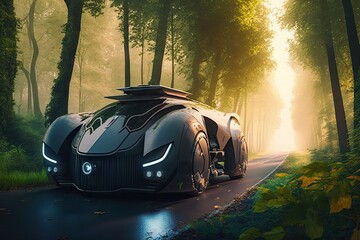 Poster - futuristic car on highway surrounded by trees and greenery in the woods, created with generative ai