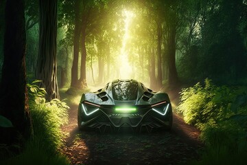 Poster - futuristic car drives through lush green forest, with sunlight filtering through the trees, created with generative ai