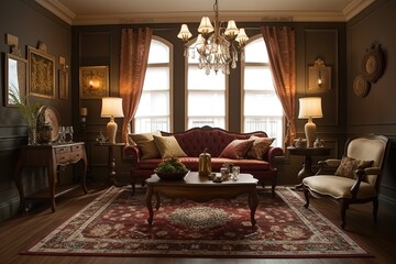 Traditional Living Room: Design a living room with classic decor, including ornate furniture, heavy curtains, and antique lighting fixtures. Generative AI