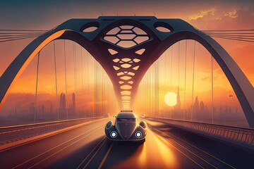 Wall Mural - futuristic car crossing suspension bridge, with the sun setting in the background, created with generative ai