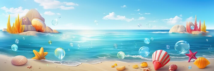 Summer background, Summer tropical sea background, sand beach. Horizontal banner and poster, header for website. generative ai