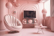 © lara-sh - Retro room interior in 1950s 1960s style. Vintage fashion house with light pink colors. Futuristic modern apartment. Generative AI.