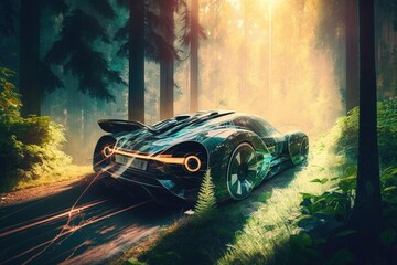 Canvas Print - futuristic car driving through lush forest, with the sunlight shining through the trees, created with generative ai