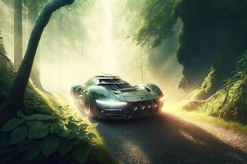 Canvas Print - futuristic car driving through lush forest, with the sunlight shining through the trees, created with generative ai