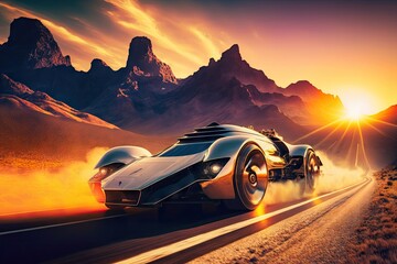 Canvas Print - futuristic car speeding past mountain range, with the sun setting in the background, created with generative ai