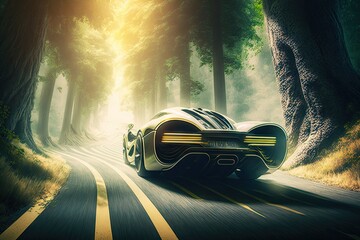 Poster - futuristic car speeding past trees on winding road in forest, created with generative ai