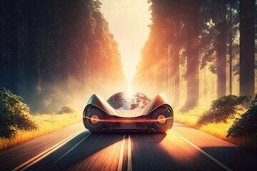 Poster - futuristic car speeding on highway, with the sun shining through the trees, created with generative ai