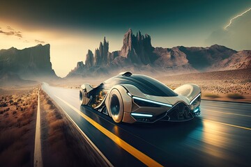 Canvas Print - futuristic car speeding down a highway with mountains on the horizon, created with generative ai