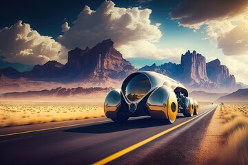 Canvas Print - futuristic car speeding down a highway with mountains on the horizon, created with generative ai