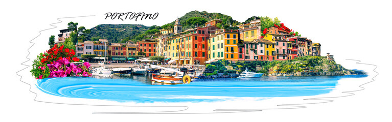 Wall Mural - Beautiful bay with colorful houses in Portofino, Liguria, Italy