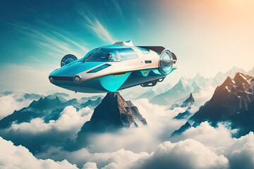 Sticker - futuristic car flies above the clouds in a blue sky, with mountains and rivers below, created with generative ai