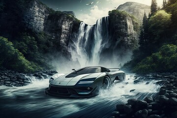 Canvas Print - futuristic car speeding past majestic waterfall in the wilderness, created with generative ai