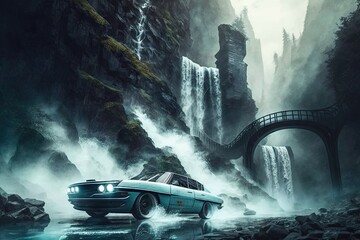 Sticker - futuristic car drives past towering waterfall with misty spray, created with generative ai