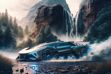 Poster - futuristic car speeds past a waterfall with its misty spray visible in the background, created with generative ai