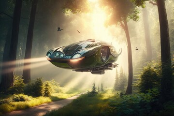 Wall Mural - futuristic car, flying above a lush forest, with sunlight shining through the trees, created with generative ai