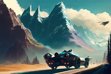 Poster - futuristic car speeding past mountain range, with tall peaks in the background, created with generative ai