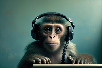 Poster - close-up of funny monkey with headphones, wistful expression on its face, created with generative ai