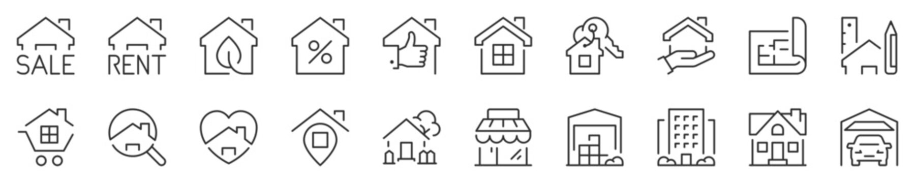 houses and real estate services thin line icon set 1 of 2. symbol collection in transparent backgrou