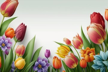 Wall Mural - Tulip border on white background as digital illustration (Generative AI)