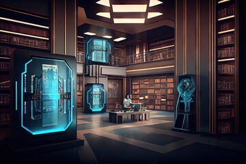 Canvas Print - high-tech library with robotic assistants and holographic displays showcasing the library's digital collection, created with generative ai