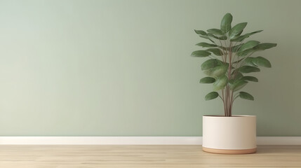 Blank sage green wall in house with green tropical tree in white modern design pot, baseboard on wooden parquet in sunlight for luxury interior design decoration, home appliance product background