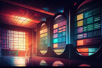 Canvas Print - view of futuristic library data center, with colorful images and charts on display screens, created with generative ai