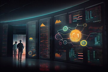 Wall Mural - view of futuristic library data center, with colorful images and charts on display screens, created with generative ai