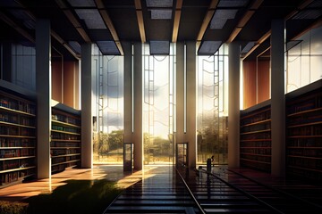 Wall Mural - futuristic library with data center featuring geothermal heating and cooling, solar panels, and sustainable materials, created with generative ai