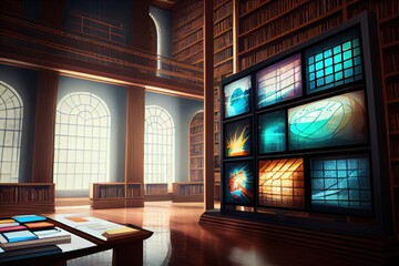 Canvas Print - high-tech library with touchscreens, virtual reality, and holographic displays, created with generative ai