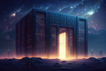 Poster - futuristic library data center, with view of the starry night sky and futuristic cityscape visible in the background, created with generative ai