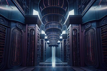 Wall Mural - futuristic library data center, with rows of servers and racks of networking equipment, created with generative ai